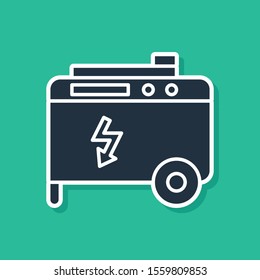 Blue Portable Power Electric Generator Icon Isolated On Green Background. Industrial And Home Immovable Power Generator.  Vector Illustration