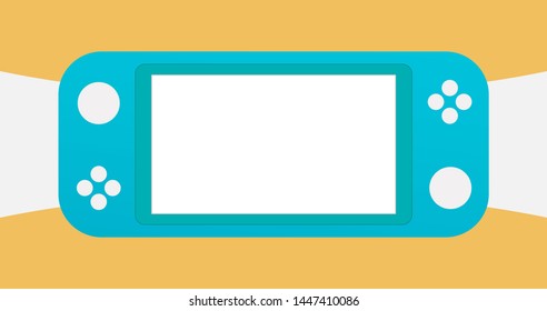Blue portable video game Console, handheld gadget for Video Gaming on white and orange abstract background. Vector Illustration for design, apps and web.  Mock up