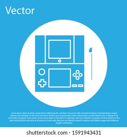 Blue Portable video game console icon isolated on blue background. Gamepad sign. Gaming concept. White circle button. Vector Illustration