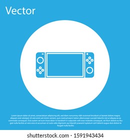 Blue Portable video game console icon isolated on blue background. Gamepad sign. Gaming concept. White circle button. Vector Illustration