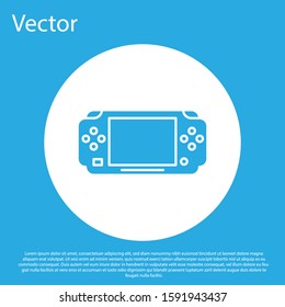 Blue Portable video game console icon isolated on blue background. Gamepad sign. Gaming concept. White circle button. Vector Illustration