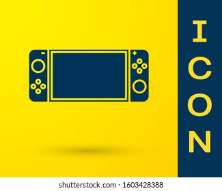 Blue Portable video game console icon isolated on yellow background. Gamepad sign. Gaming concept.  Vector Illustration