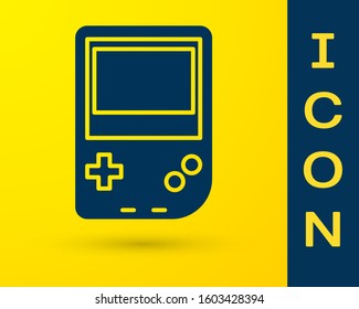 Blue Portable video game console icon isolated on yellow background. Gamepad sign. Gaming concept.  Vector Illustration