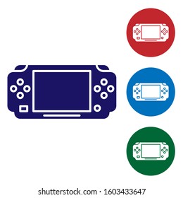 Blue Portable video game console icon isolated on white background. Gamepad sign. Gaming concept. Set color icons in circle buttons. Vector Illustration