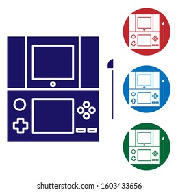 Blue Portable video game console icon isolated on white background. Gamepad sign. Gaming concept. Set color icons in circle buttons. Vector Illustration