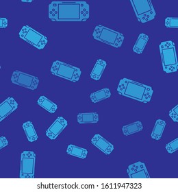 Blue Portable video game console icon isolated seamless pattern on blue background. Gamepad sign. Gaming concept.  Vector Illustration