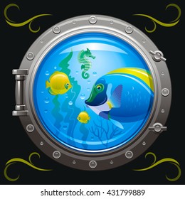 Blue porthole with colorful underwater life, fishes on black background