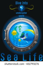 Blue porthole with colorful underwater life, fishes on black background
