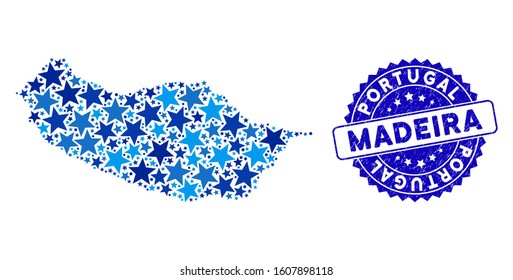 Blue Portugal Madeira Island map collage of stars, and scratched round stamp. Abstract territory plan in blue color tinges. Vector Portugal Madeira Island map is designed of blue stars.