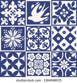 Blue Portuguese tiles pattern - Azulejos vector, fashion interior design tiles 