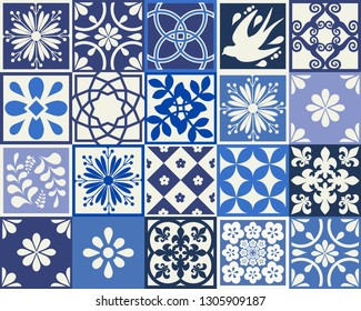 Blue Portuguese tiles pattern - Azulejos vector, fashion interior design tiles 