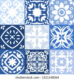Blue Portuguese tiles pattern - Azulejos vector, fashion interior design tiles 