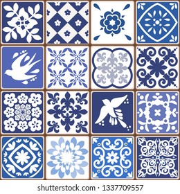 Blue Portuguese tiles pattern - Azulejos vector, fashion interior design tiles 