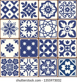 Blue Portuguese tiles pattern - Azulejos vector, fashion interior design tiles 