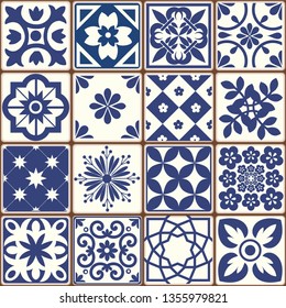 Blue Portuguese tiles pattern - Azulejos vector, fashion interior design tiles 