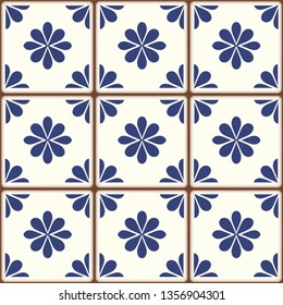 Blue Portuguese tiles pattern - Azulejos vector, fashion interior design tiles 