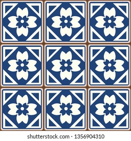 Blue Portuguese tiles pattern - Azulejos vector, fashion interior design tiles 