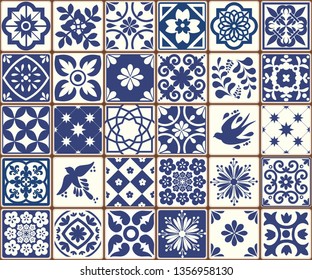 Blue Portuguese tiles pattern - Azulejos vector, fashion interior design tiles 