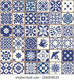 Blue Portuguese tiles pattern - Azulejos vector, fashion interior design tiles 