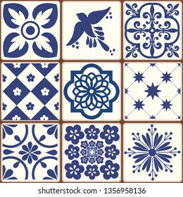 Blue Portuguese tiles pattern - Azulejos vector, fashion interior design tiles 
