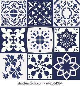 Blue Portuguese tiles pattern - Azulejos vector, fashion interior design tiles