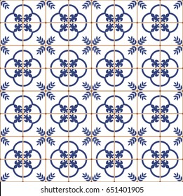 Blue Portuguese tiles pattern - Azulejos vector, fashion interior design tiles 