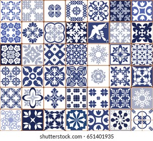 Blue Portuguese tiles pattern - Azulejos vector, fashion interior design tiles 