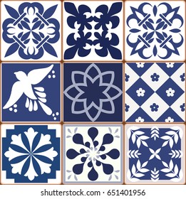 Blue Portuguese tiles pattern - Azulejos vector, fashion interior design tiles 