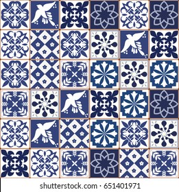 Blue Portuguese tiles pattern - Azulejos vector, fashion interior design tiles 