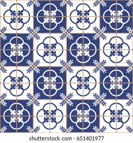 Blue Portuguese tiles pattern - Azulejos vector, fashion interior design tiles 