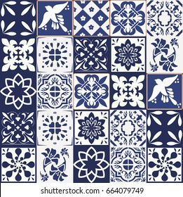 Blue Portuguese tiles pattern - Azulejos vector, fashion interior design tiles 