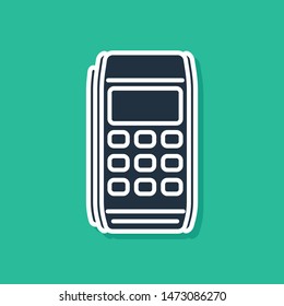 Blue Pos terminal icon isolated on green background. Payment terminal transaction. Pay by card.  Vector Illustration