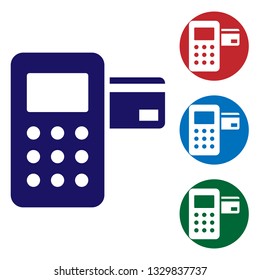 Blue Pos terminal with inserted credit card icon isolated on white background. Payment terminal transaction. Set color icon in circle buttons. Vector Illustration