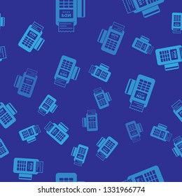 Blue POS terminal with inserted credit card and printed reciept icon isolated seamless pattern on blue background. NFC payment concept. Vector Illustration
