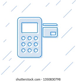 Blue Pos terminal with inserted credit card line icon isolated on white background. Payment terminal transaction. Vector Illustration