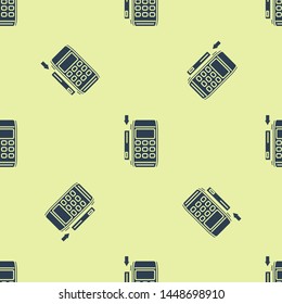 Blue Pos terminal with inserted credit card icon isolated seamless pattern on white background. Payment terminal transaction. Pay by card.  Vector Illustration