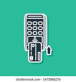 Blue Pos terminal with inserted credit card icon isolated on green background. Payment terminal transaction. Pay by card.  Vector Illustration
