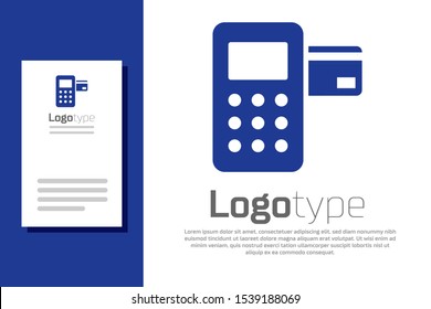 Blue Pos terminal with inserted credit card icon isolated on white background. Payment terminal transaction. Logo design template element. Vector Illustration