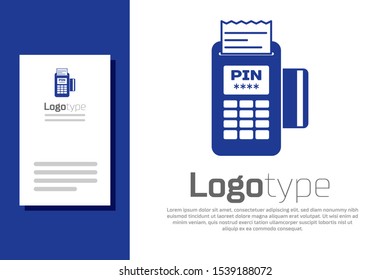 Blue POS terminal with inserted credit card and printed reciept icon isolated on white background. NFC payment concept. Logo design template element. Vector Illustration