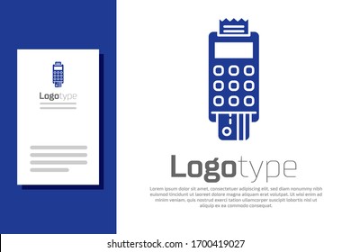 Blue POS terminal with inserted credit card and printed reciept icon isolated on white background. NFC payment concept. Logo design template element. Vector Illustration