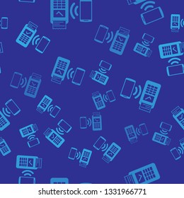 Blue POS terminal with printed reciept and confirms the payment by smartphone icon isolated seamless pattern on blue background. NFC payment concept. Vector Illustration
