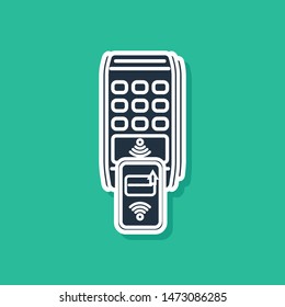 Blue POS terminal with printed reciept and confirms the payment by smartphone icon isolated on green background. NFC payment concept.  Vector Illustration