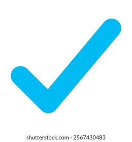 Blue positive vote button with checkmark accept complete task badge vector illustration. Success confirmation logotype keypad agree approved check mark. Done checkbox. Tick button emoji icon.