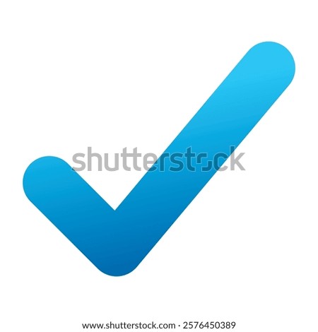 Blue positive vote button with checkmark accept complete task badge vector illustration. Success confirmation logotype keypad agree approved check mark. Done checkbox. Tick button emoji icon.