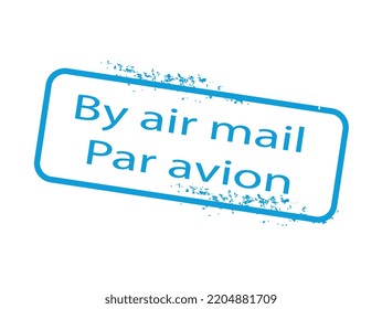 Blaue Postmarke. Luftpost par avion. Stempel in ausländischen Pass, Reise und Abenteuer, Flüge. Kommunikation und Interaktion, Geschäftskorrespondenz. Mock up oder layout. Cartoon-Flavektor-Vektorgrafik