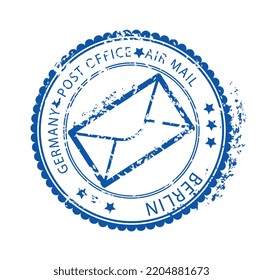 Blue post mark. Round stamp with inscription Germain Post office air mail, letter and stars. Business correspondence, communication and international interaction. Cartoon flat vector illustration