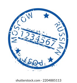 Blue post mark. Round stamp with inscription Moscow Russian post. Template, mockup and layot. Graphic element for website, international interaction, business. Cartoon flat vector illustration