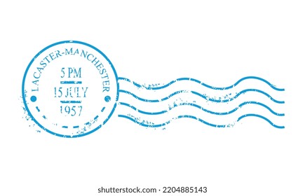 Blue post mark. Round stamp with inscription Lacaster, Manchester and curve lines. Communication, international interaction, correspondence. Poster or banner. Cartoon flat vector illustration