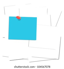 blue post it over white paper isolated on white background