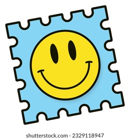 Blue Postage Stamp sticker with Happy Smiley with Shadow vector illustration
